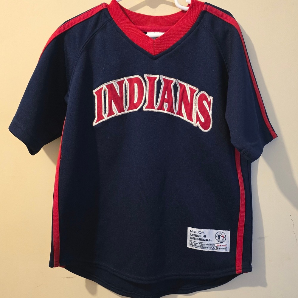 True Fan Cleveland Indians Baseball Jersey Youth Large Navy Blue Red MLB Top